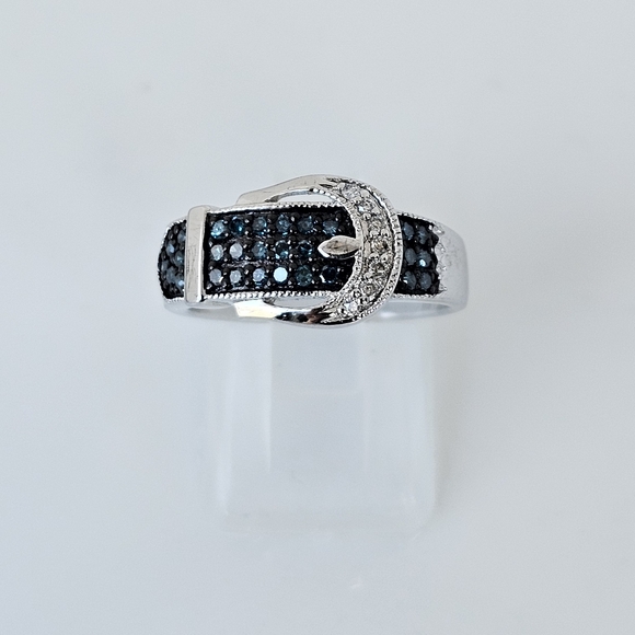 Genuine Blue & White Diamond Buckle Ring Sterling Silver Sz 7! - Picture 2 of 7